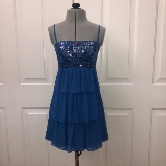 BCBG Maxazria Light Blue Silk Chiffon Sequin Pleated Cocktail Dress | Size 0 - Picture 3 of 12